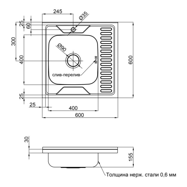 Кухонна мийка Lidz 6060-L 0,6 мм Satin (LIDZ6060SAT06)