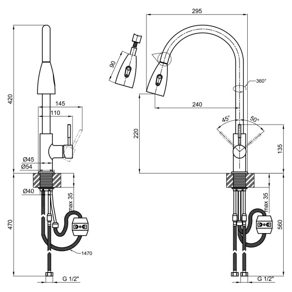Змішувач для кухні Lidz (NKS) 12 32 015FL-8 з висувним виливом