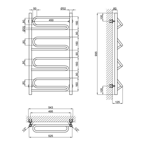 Полотенцесушитель водяной Lidz Zigzag (CRM) D32/20х1/2" 500x1000 P4