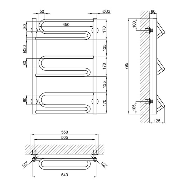 Полотенцесушитель водяной Lidz Zigzag (CRM) D32/20х1/2" 500x800 P3