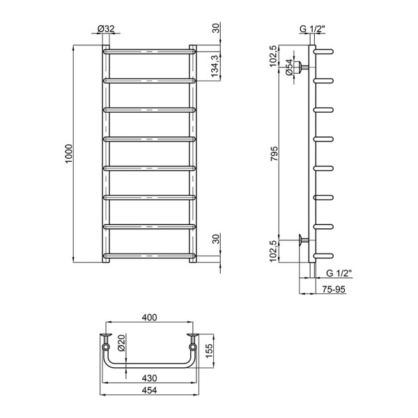 Полотенцесушитель водяной Lidz Standard (CRM) D32/20х1/2" 400x1000 P8