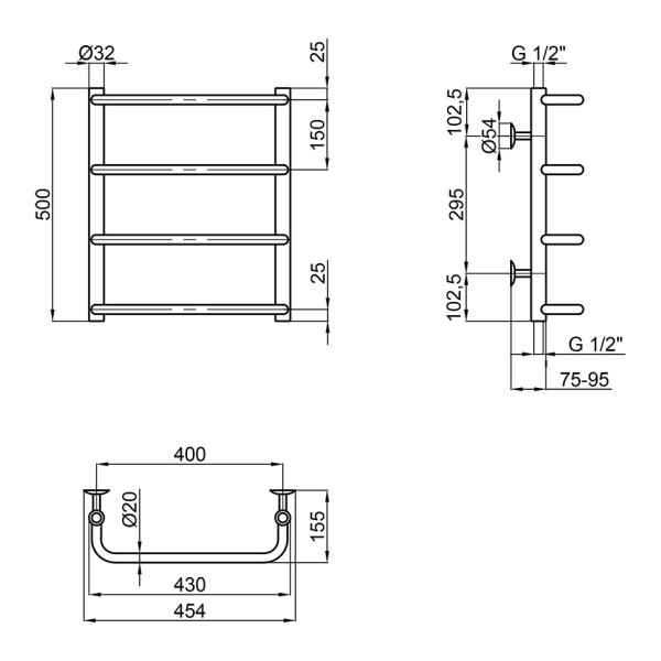 Полотенцесушитель водяной Lidz Standard (CRM) D32/20х1/2" 400x500 P4