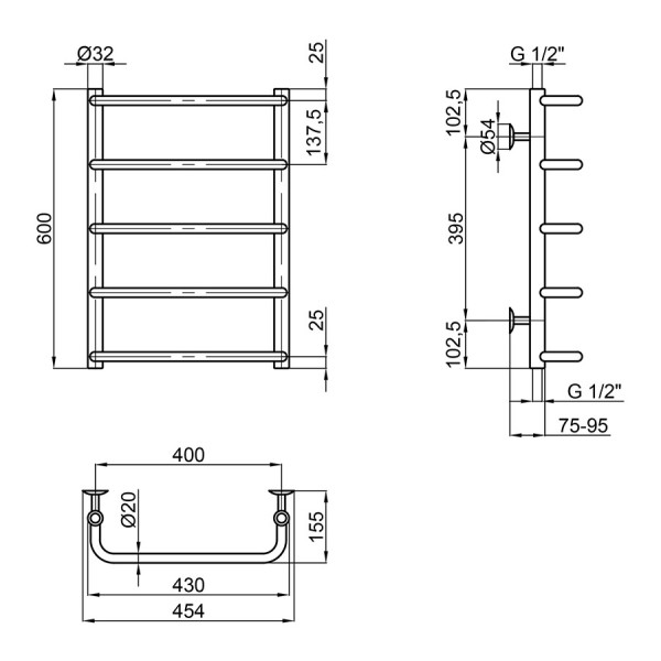 Полотенцесушитель водяной Lidz Standard (CRM) D32/20х1/2" 400x600 P5