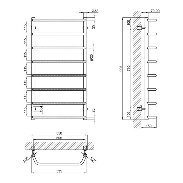Полотенцесушитель водяной Lidz Standard (CRM) D32/20х1/2" 500x1000 P8