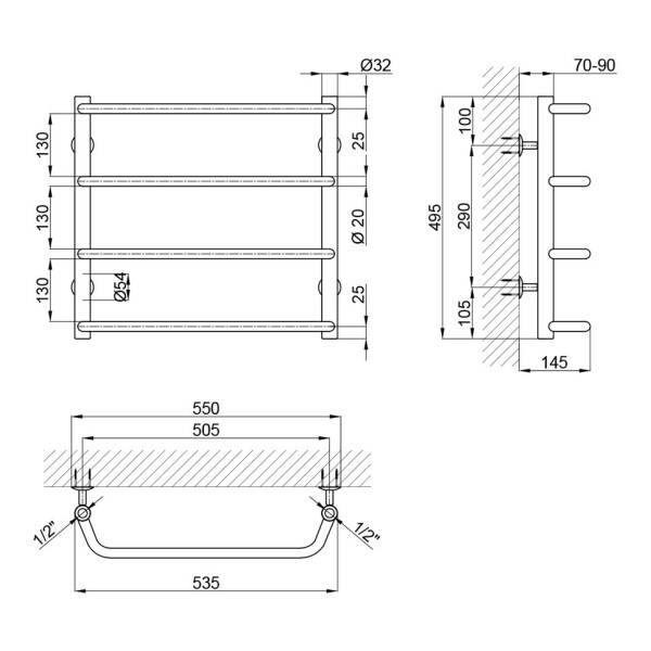 Полотенцесушитель водяной Lidz Standard (CRM) D32/20х1/2" 500x500 P4