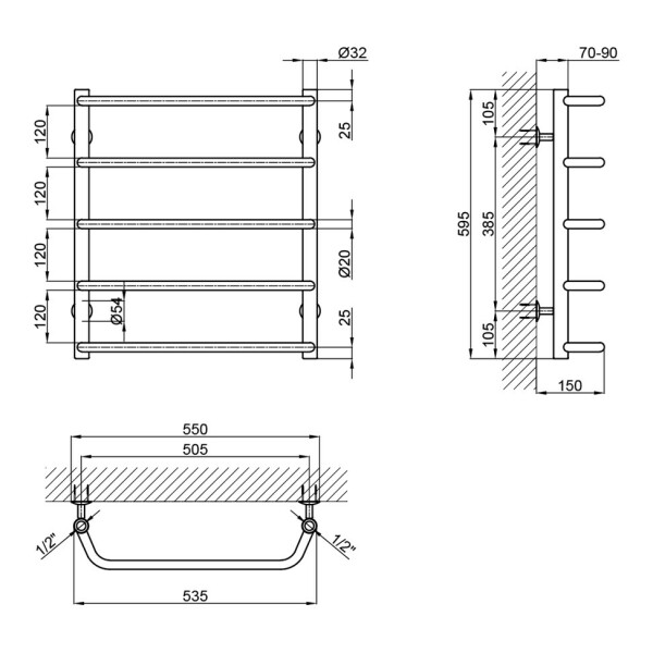 Полотенцесушитель водяной Lidz Standard (CRM) D32/20х1/2" 500x600 P5