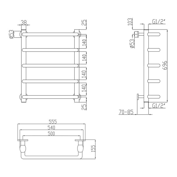 Полотенцесушитель водяной Lidz Standard (CRM) D32/20х1/2" 500x700 P5