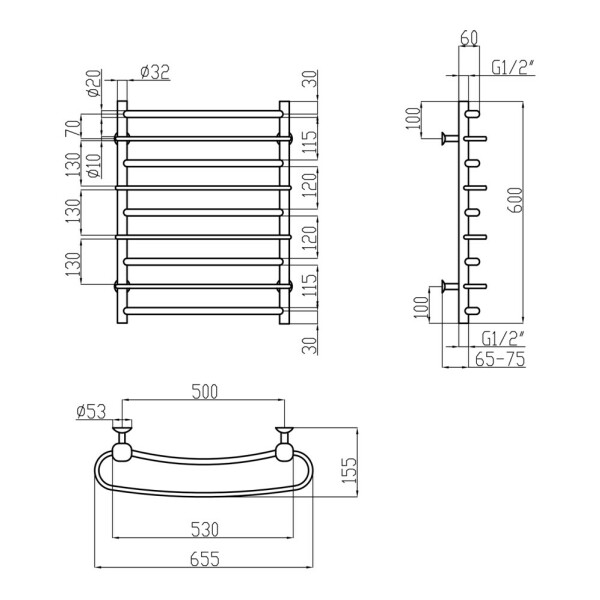 Полотенцесушитель водяной Lidz Standard (CRM) РЛС D32/20х1/2" 500x600 P4