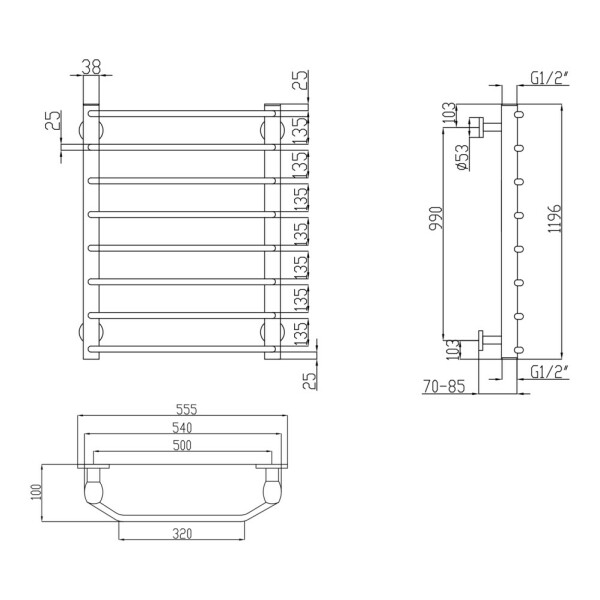 Полотенцесушитель водяной Lidz Trapezium (CRM) D38/25 500x1200 P8