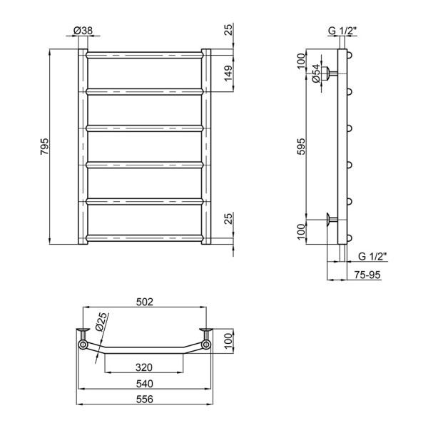 Полотенцесушитель водяной Lidz Trapezium (CRM) D38/25 500x800 P6