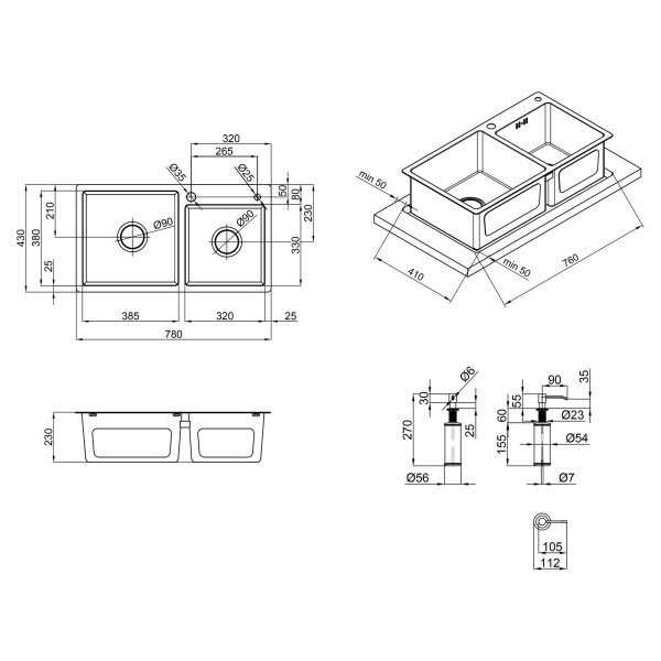 Набір 2 в 1 Lidz кухонна мийка H7843 3.0/1.0 мм Brush + дозатор для миючого засобу