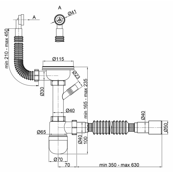 Сифон для кухонної мийки Lidz (WHI) 60 08 E001 01 ECO з круглим переливом (вихід 50 мм)