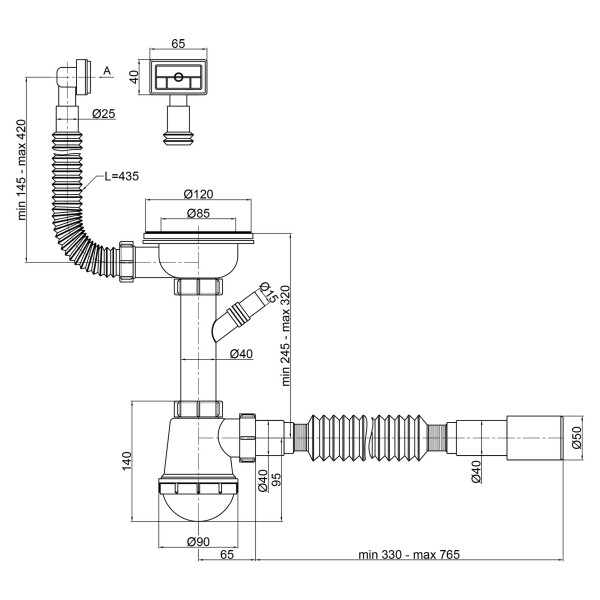Сифон для кухонної мийки Lidz (WHI) 60 05 M002 01 EURO з відводом для пральної машини (вихід 50 мм)