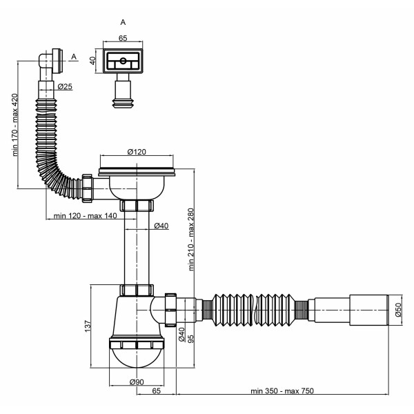 Сифон для кухонної мийки Lidz (WHI) 60 05 M001 01 EURO (вихід 50 мм)
