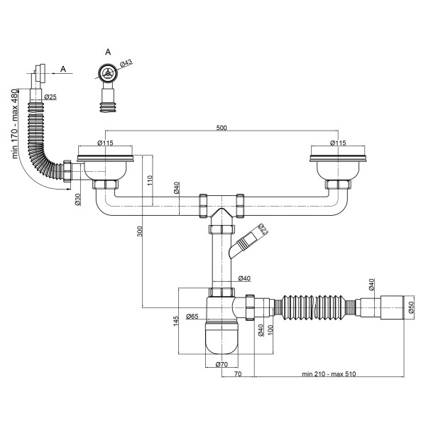 Сифон подвійний для кухонної мийки Lidz (WHI) 60 08 E001 02 ECO з круглим переливом (вихід 50 мм)